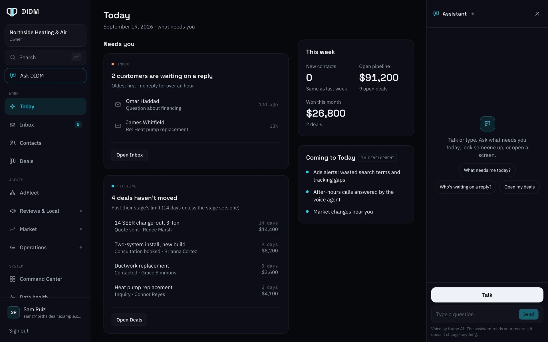 The DIDM assistant panel, open beside the Today screen, with suggested questions
