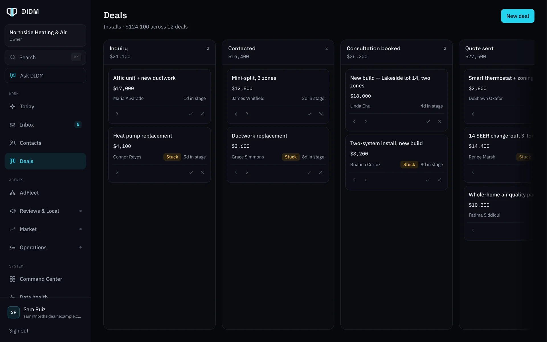 The Deals board with jobs grouped by stage