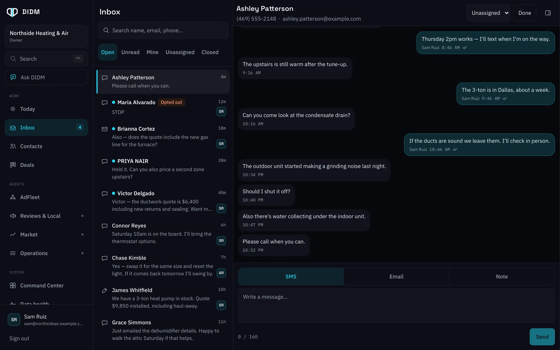 The DIDM inbox showing a customer's text thread next to the list of open conversations
