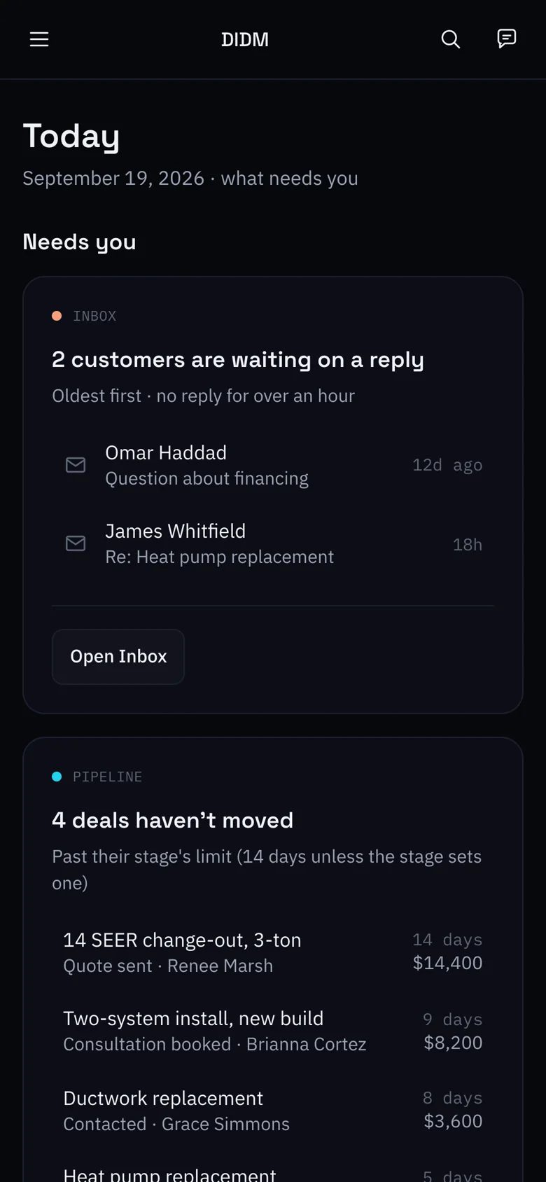 The Today screen on a phone