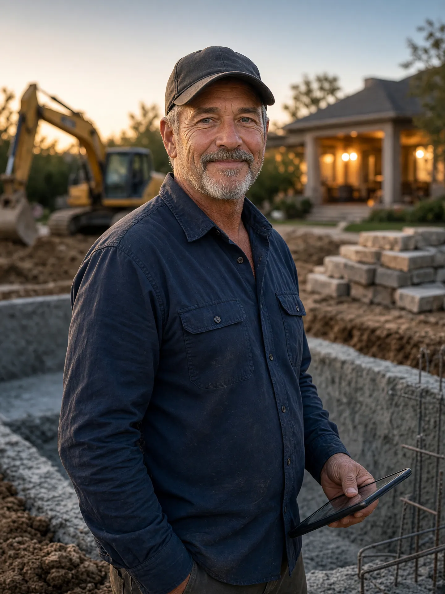A pool builder standing beside a pool under construction at dusk